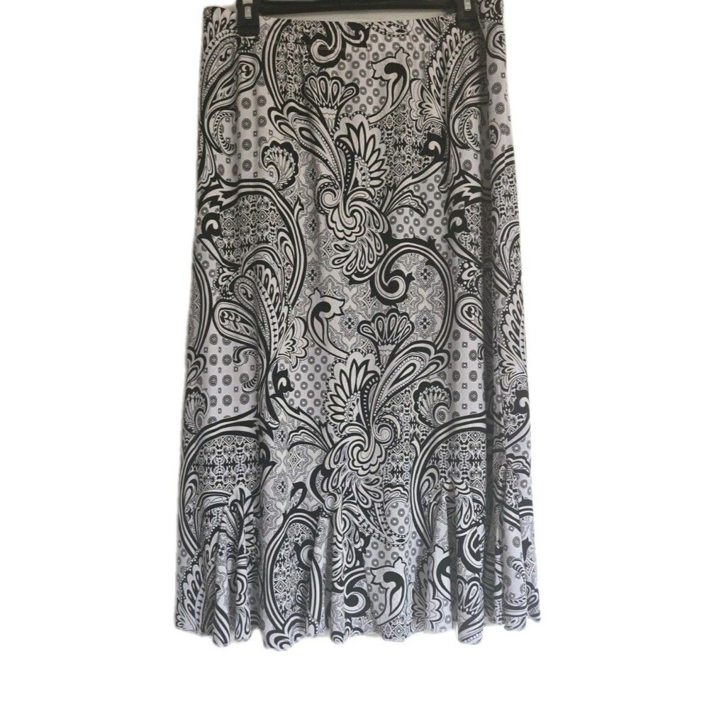 SJS Skirt Black & White Paisley Print midi-calf lengthWomens Sz Large L Damask